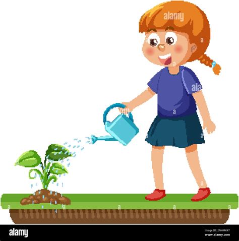 A Girl Watering Plant In The Garden Illustration Stock Vector Image And Art Alamy