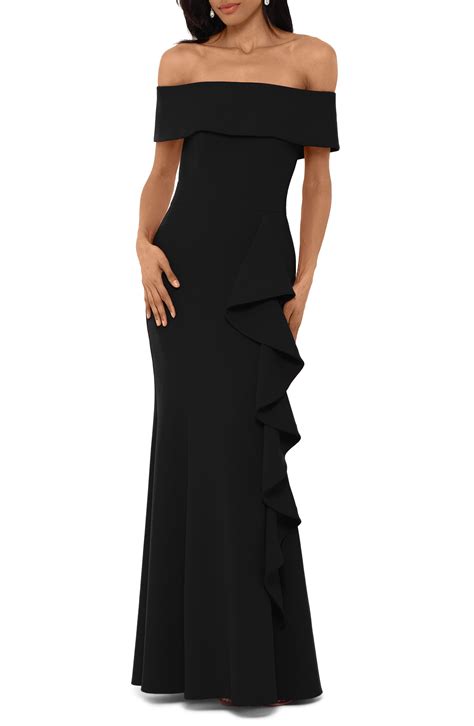 women s betsy and adam off the shoulder front ruffle scuba crepe gown size 12 black fashion