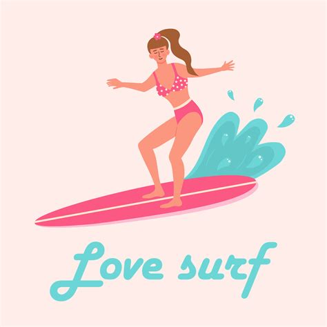 mujer en traje de baño en el tabla de surf amor navegar letras Hora de verano activo deporte