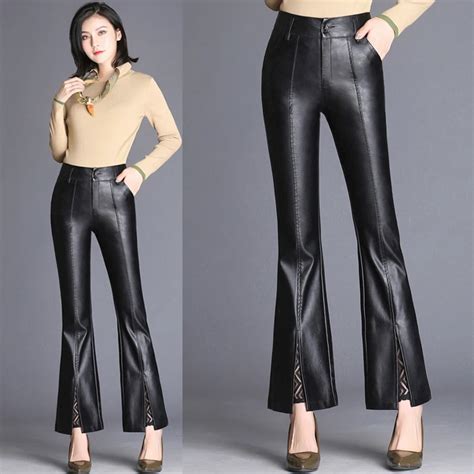 fall winter fashion women slim high waisted lace patchwork placket pu leather pants autumn
