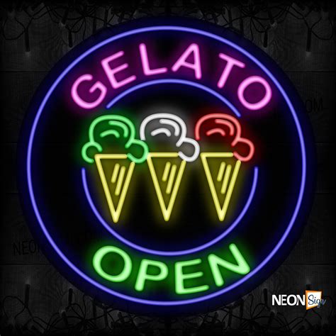 Gelato Open With Logo And Circle Blue Border Neon Sign