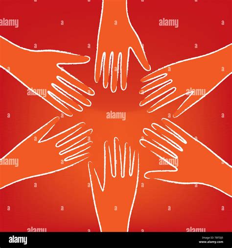 Vector Illustration Six Joined Lineal Hands As Friendship Symbol Stock