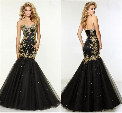 Fashionable Gold Embroidery Black Prom Dresses 2016 New Arrival Sheer