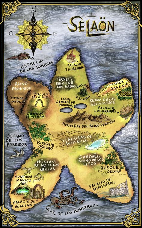 Selaon Fantasy Map With Illustrated Castles Monsters And Dragons In