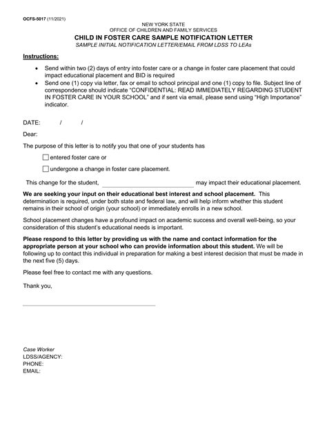 Ocfs 5017 Child In Foster Care Sample Notification Letter Forms