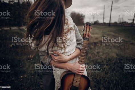 Hipster Musician Couple Hugging In Field Handsome Man Embracing Gypsy