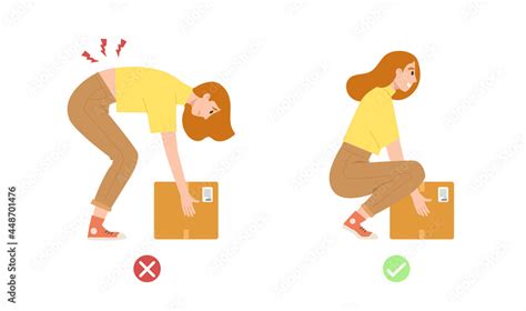 Illustration Showing Correct Posture To Lift Heavy Object Safely Concept Of Back And Spine Care