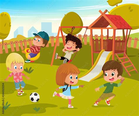 Baby Playground Summer Park Vector Illustration Children Play Football