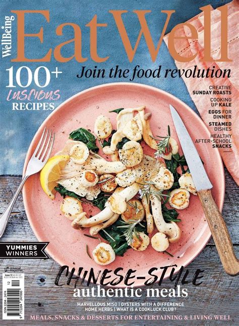 The Cover Of Eat Well Magazine Featuring Food And Utensils On A Pink Plate