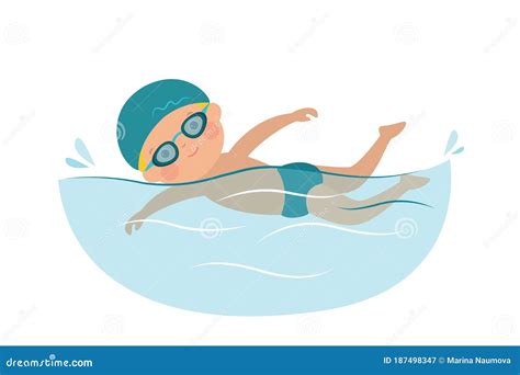 Cartoon Kid Swimming On A White Background Little Boy Swimmer In The