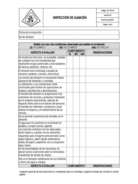 Sst Fr 29 Inspección De Almacén Pdf Agua