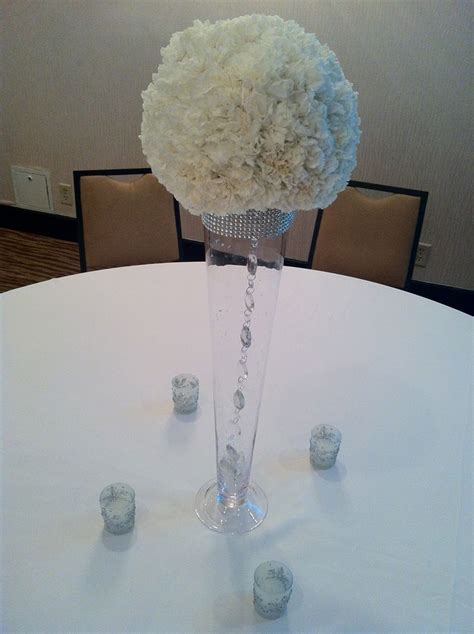 Tall White Pomander Centerpiece Hanging Crystals Silver And White