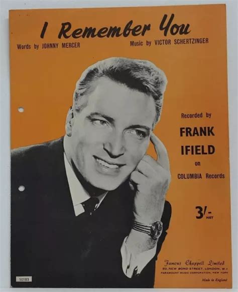 Vintage I Remember You Frank Ifield Sheet Music Johnny Mercer Free Uk