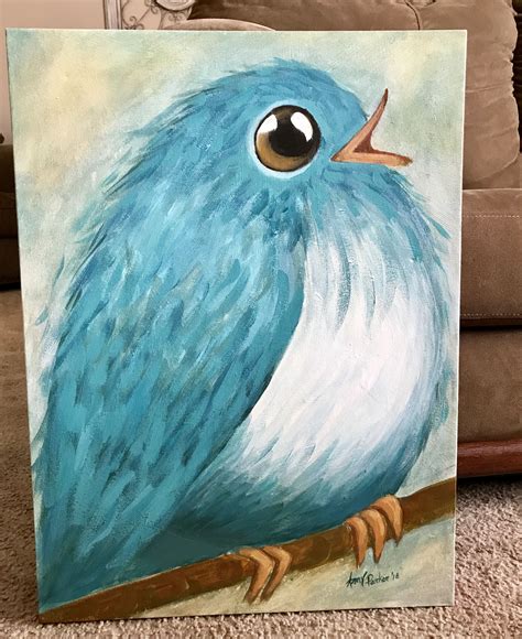 Whimsical Blue Bird Acrylic Painting Bird Paintings On Canvas