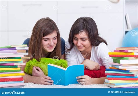 Teenager Girls Study Together Stock Image Image Of Lying Reading