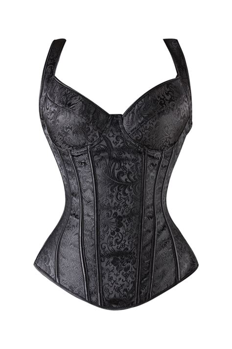 elegant black steel boned overbust corset with shoulder straps