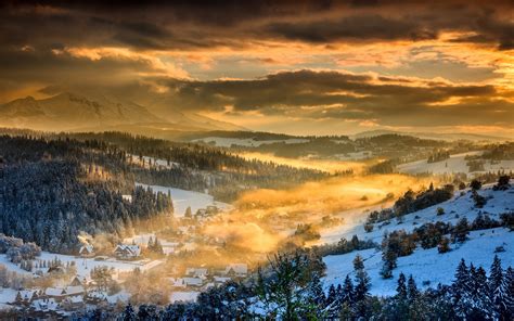nature, Landscape, Winter, Sunset, Forest, Mountain, Clouds, Snow, Sky ...