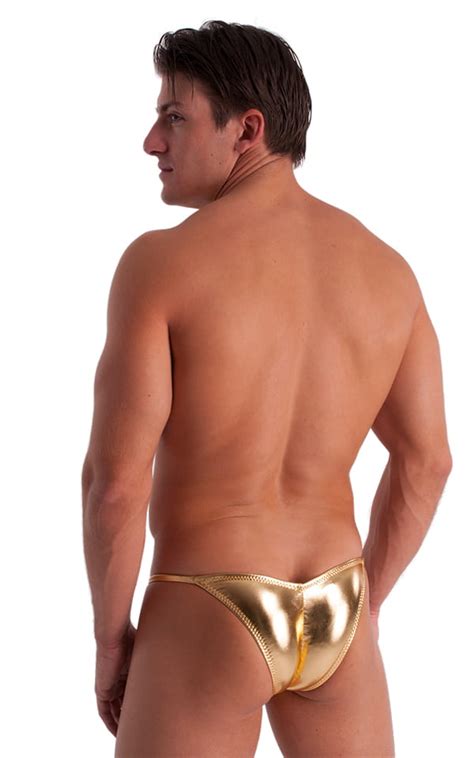 Mens Micro Pouch Scrunchie Back Swimsuit In Metallic Liquid Gold