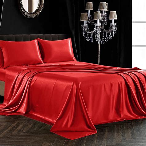 Amazon Com Siinvdabzx Pcs Satin Sheet Set Queen Size Ultra Silky Soft Red Satin Queen Bed