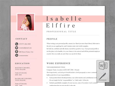 Pink Resume Template Word And Pages Resume Template Girl Etsy India
