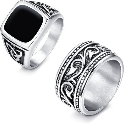 Finrezio 2pcs Stainless Steel Rings For Men Vintage Biker Signet And Band