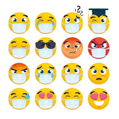Set Of Emojis Wearing Face Masks 2006024 Vector Art At Vecteezy