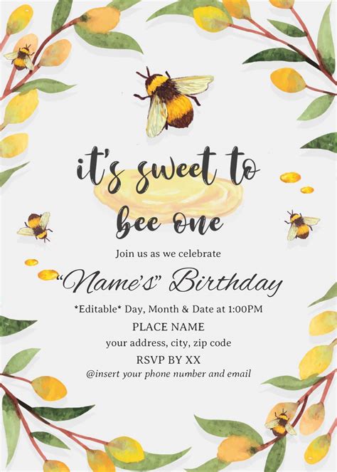 Honey And Bee Birthday Invitation Templates Editable Docx Download