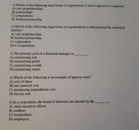 Solved 1 Which Of The Following Legal Forms Of Organization