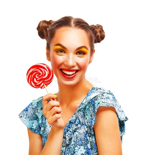 Fashion Makeup Beauty Girl Portrait Holding Colorful Lollipop Stock
