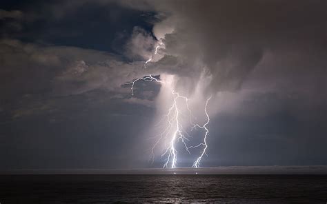 Hd Wallpaper Body Of Water Sea Lightning Clouds Storm Sky Power