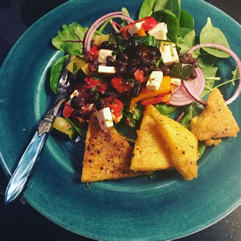 Pan Fried Polenta With Spicy Black Bean Salad And Onion Pickle