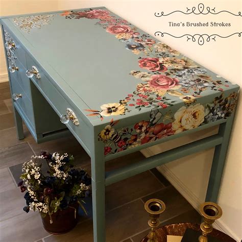 Painted Desk With Flowers Transfer By Tinas Brushed Strokes