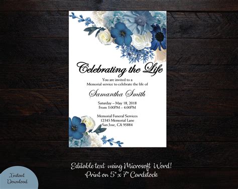 Blue Flowers Floral Funeral Announcement Celebration Of Life Etsy