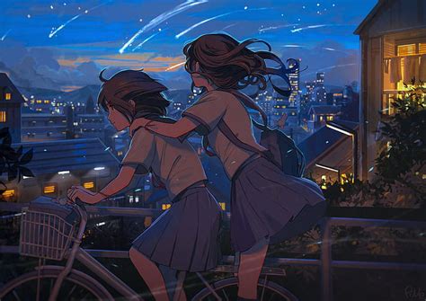 HD Wallpaper Anime Original Bike City Comet Girl Night Wallpaper Flare