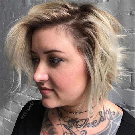 This layered pixie with dark roots and silvery gray is a perfect idea for women with thin hair type. Razored Blonde Bob With Dark Roots | Bobs for round faces ...