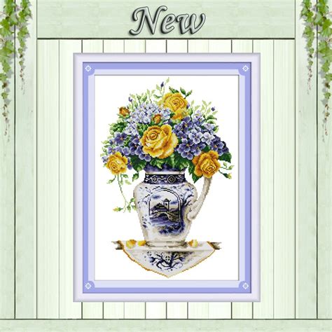 Yellow Rose Flower Vase Home Decor Painting Counted Printed On Canvas