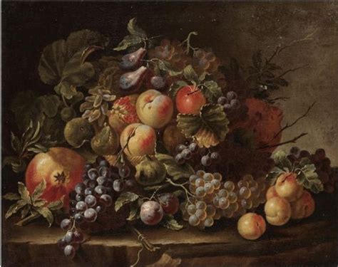 Still Life With Grapes Apples Plums Peaches And Pomegranates On A