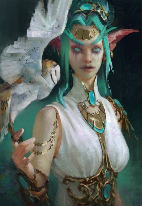 A Digital Painting Of A Woman With Green Hair Holding A White Bird In Her Hand