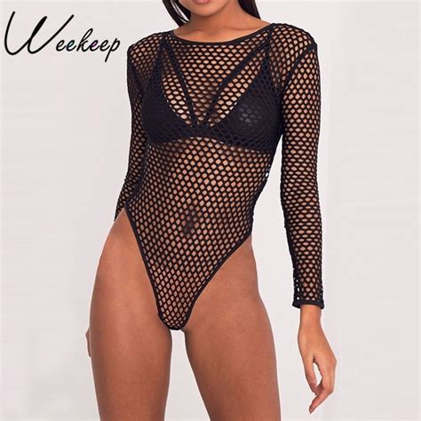 Weekeep New Sexy Hollow Out Mesh Bodysuits Black Backless Long