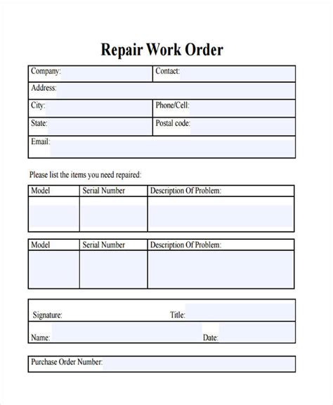 Repair Order Form Template