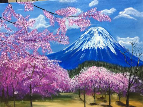 An Acrylic Painting Of Mt Fuji And The Cherry Blossoms In Japan This