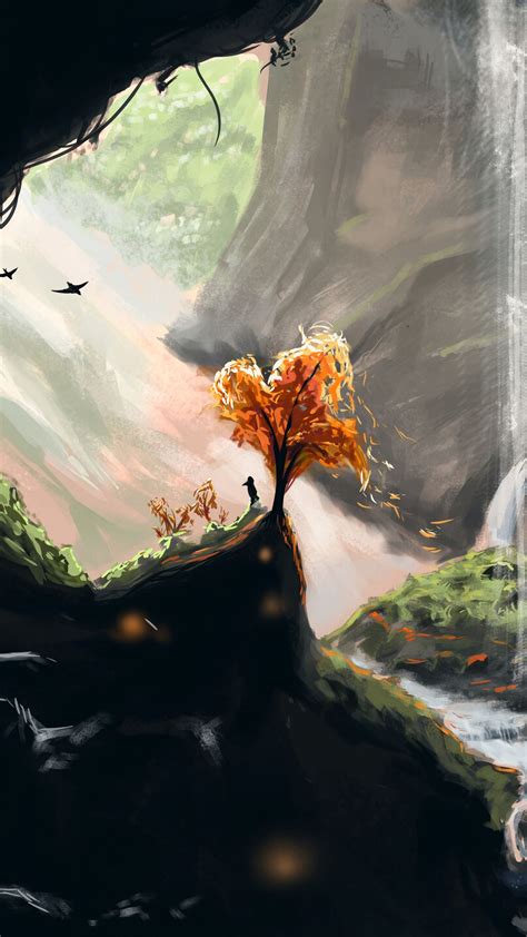 Download Wallpaper 1350x2400 Silhouette Tree Waterfall Cave Art
