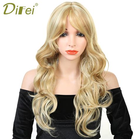 Difei Long Wavy Curly Blonde Wigs For Women Heat Resistant Synthetic