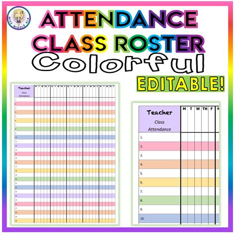 Colorful Class Roster Attendance Sheet Chart Editable Preschool