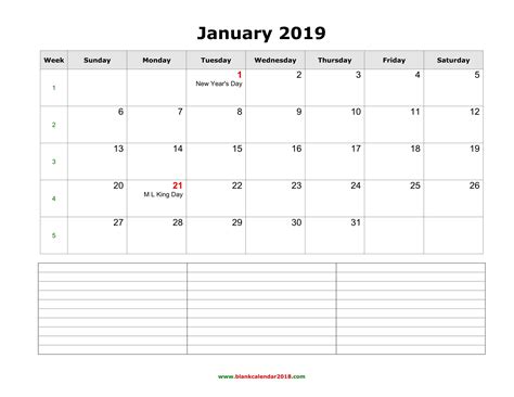 Blank Monthly Calendar 2019 With Notes Landscape