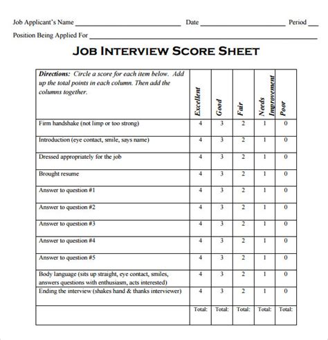 Sample Interview Score Sheet Free Documents In Pdf Resume Template Job My Xxx Hot Girl