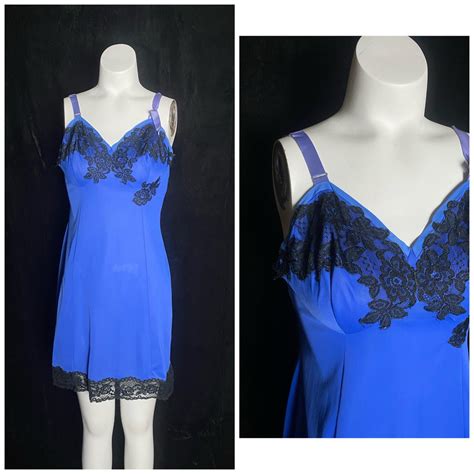 Vintage 1950s Blue And Black Lace Seamprufe Slip Size Etsy