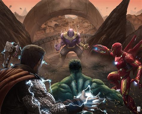 The Big 3 Vs Thanos Iron Man Thanos Thor Hulk Superheroes Artwork