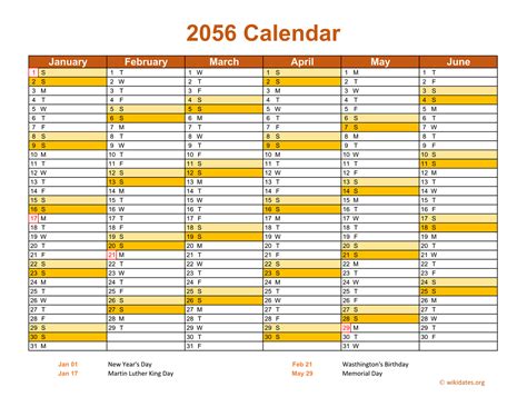 2056 Calendar On 2 Pages Landscape Orientation