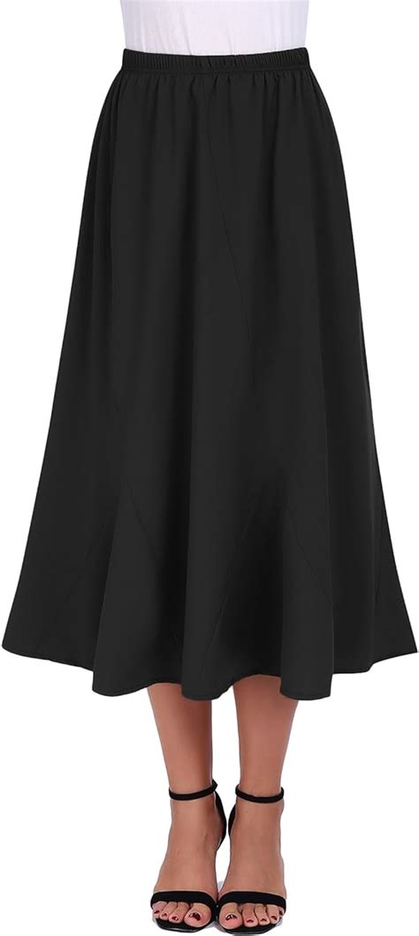 Fisoul Women Vintage Elastic Waist Skirts Casual Below Knee Length Flared A Line Pleated Long
